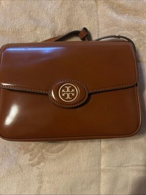 Tory Burch Cognac Patent Leather Messenger with Gold Logo